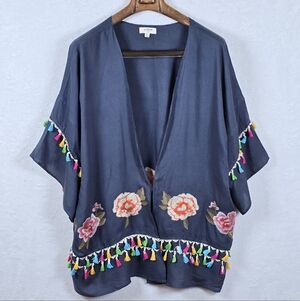 ​UMGEE Boho Floral Embroidered Tassel Cover Up Kimono Gray M/L Festival